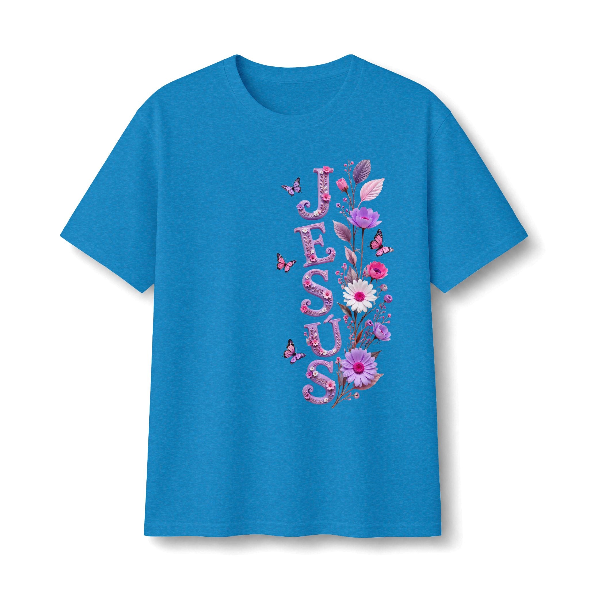 Floral Vertical Tee — Christian Faith Shirt with Purple Flowers & Butterflies