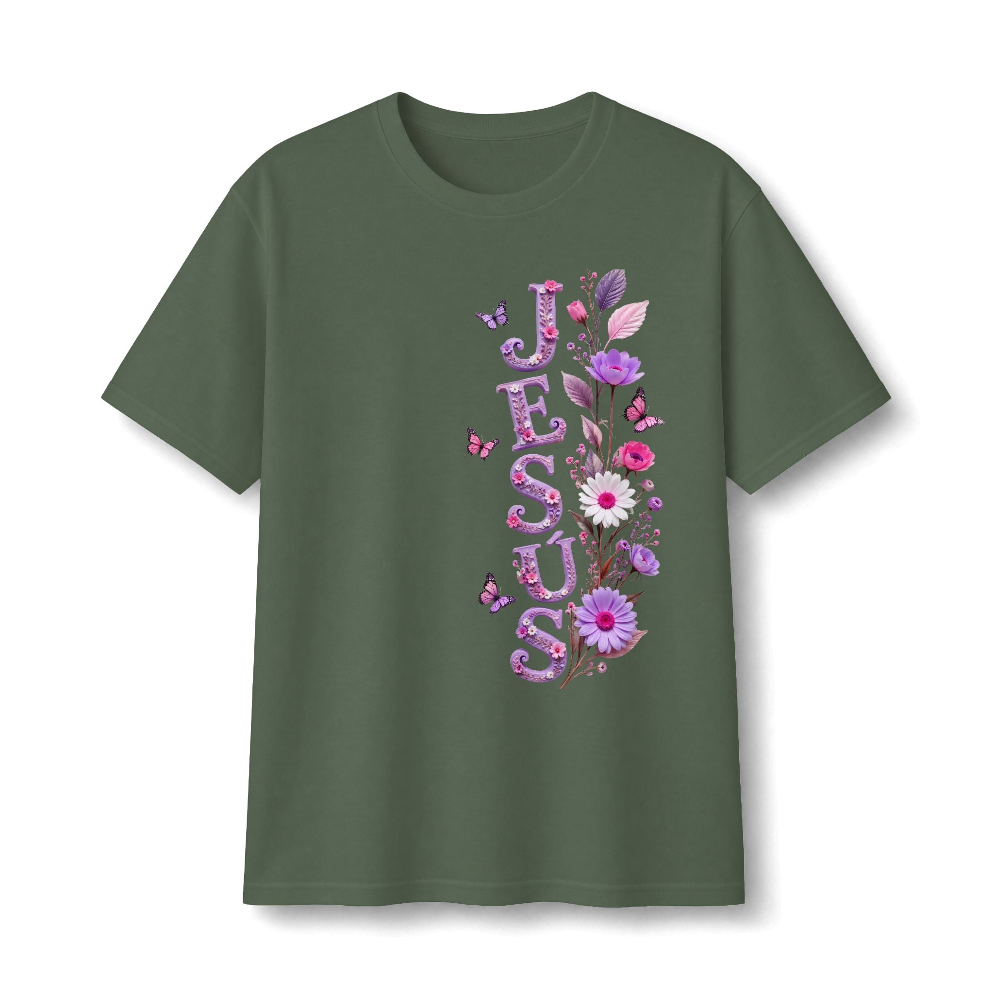 Floral Vertical Tee — Christian Faith Shirt with Purple Flowers & Butterflies