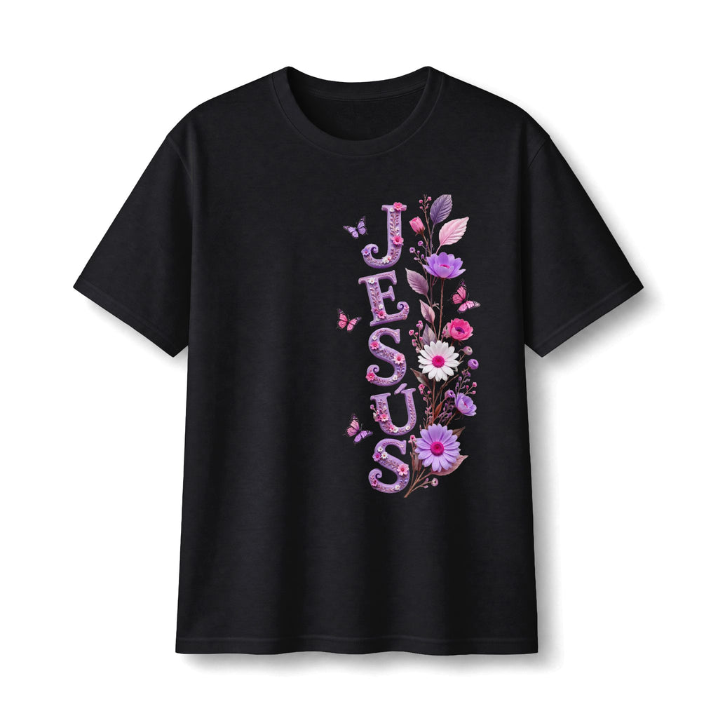Floral Vertical Tee — Christian Faith Shirt with Purple Flowers & Butterflies