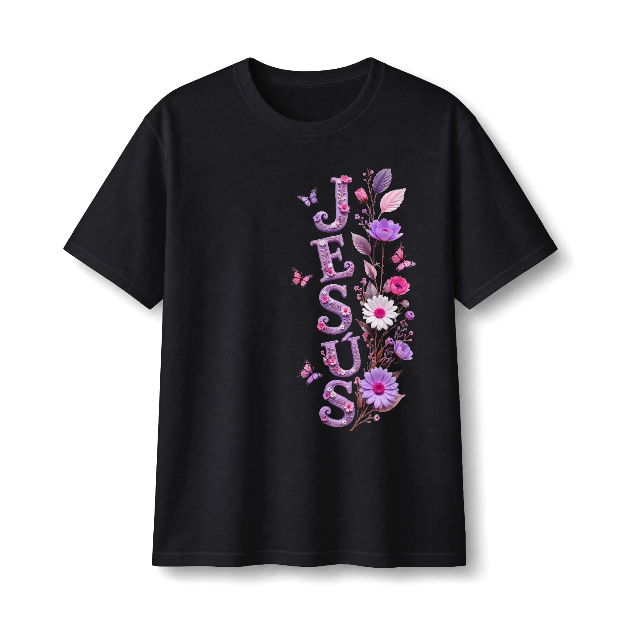 Floral Vertical Tee — Christian Faith Shirt with Purple Flowers & Butterflies