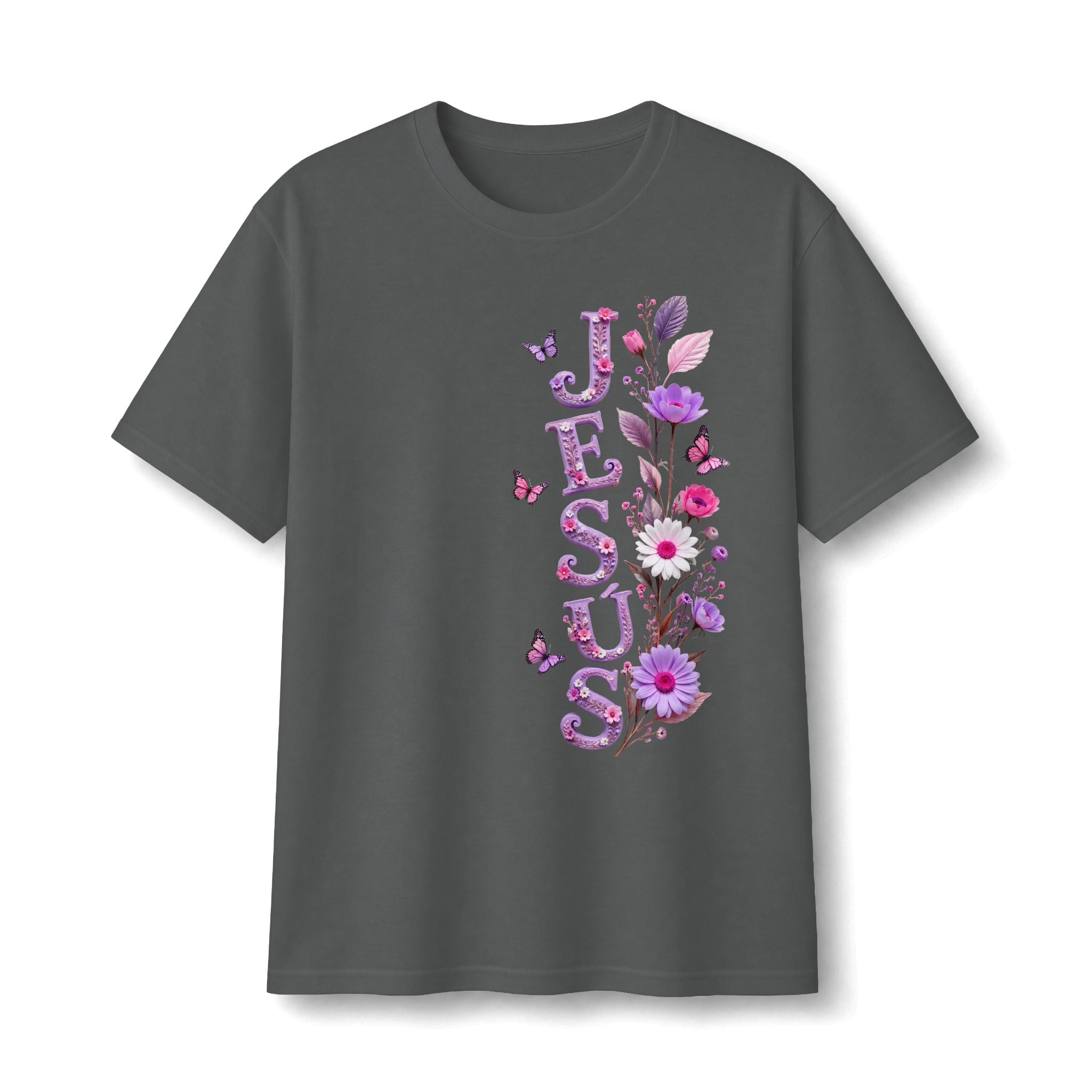Floral Vertical Tee — Christian Faith Shirt with Purple Flowers & Butterflies