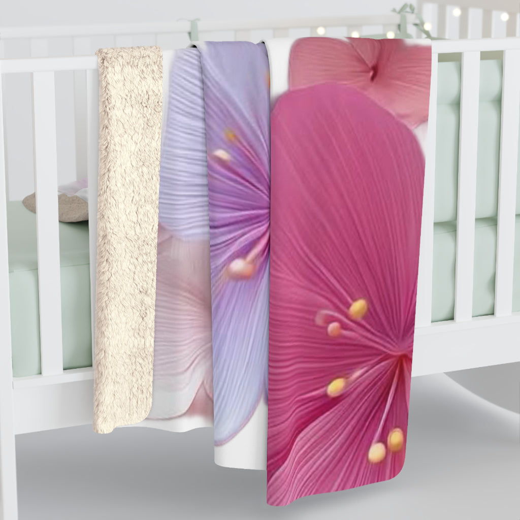 Floral Sherpa Blanket — Soft Purple & Pink Blossom Throw