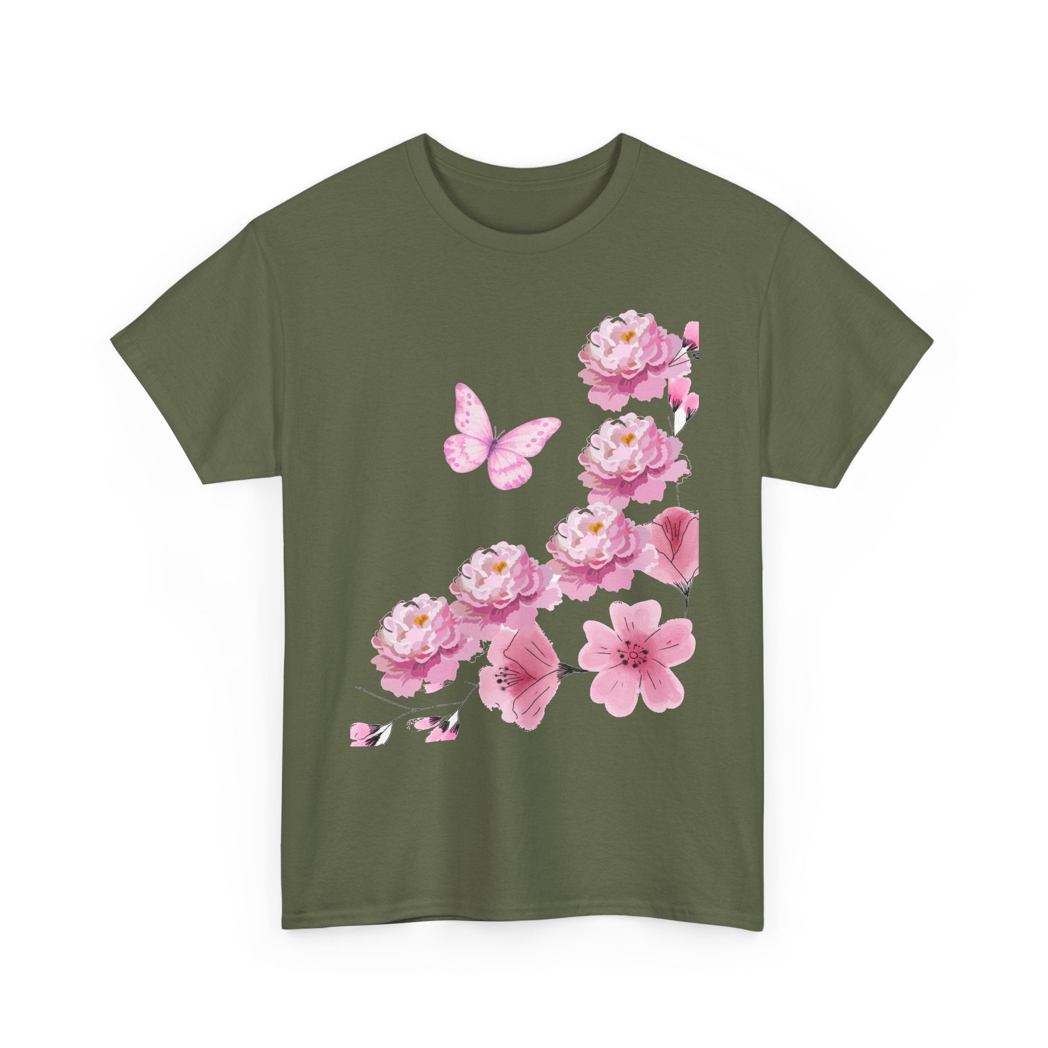 Floral Pink Cherry Blossom Tee — Butterfly Spring Garden T‑Shirt