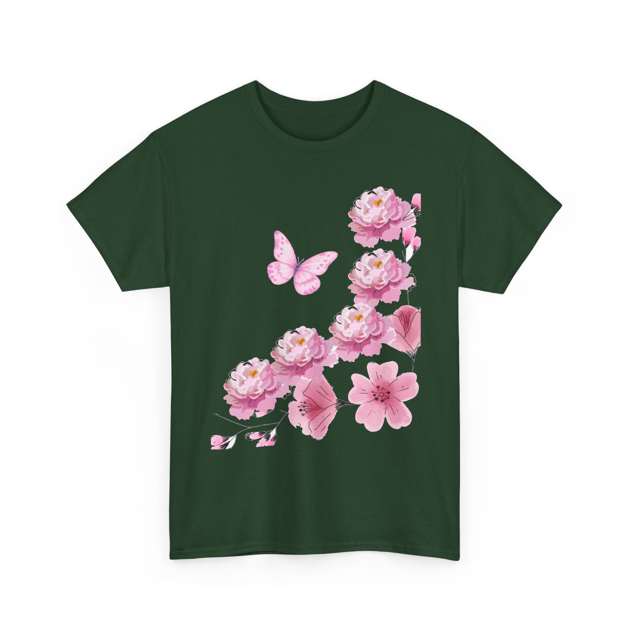 Floral Pink Cherry Blossom Tee — Butterfly Spring Garden T‑Shirt