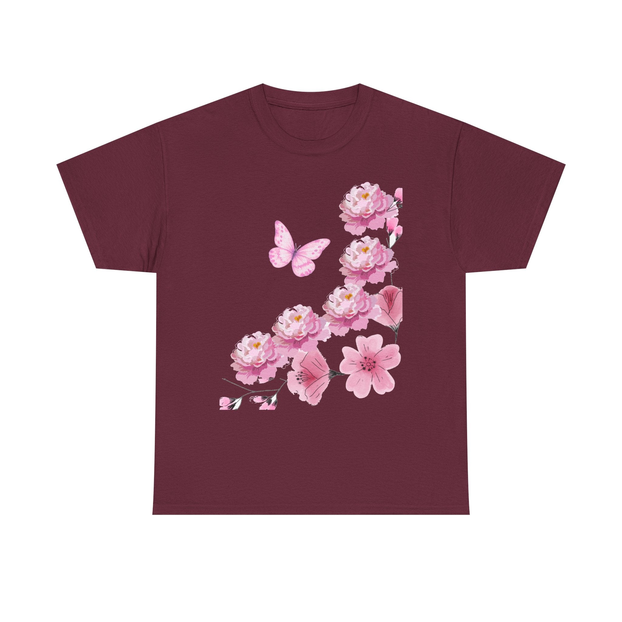 Floral Pink Cherry Blossom Tee — Butterfly Spring Garden T‑Shirt