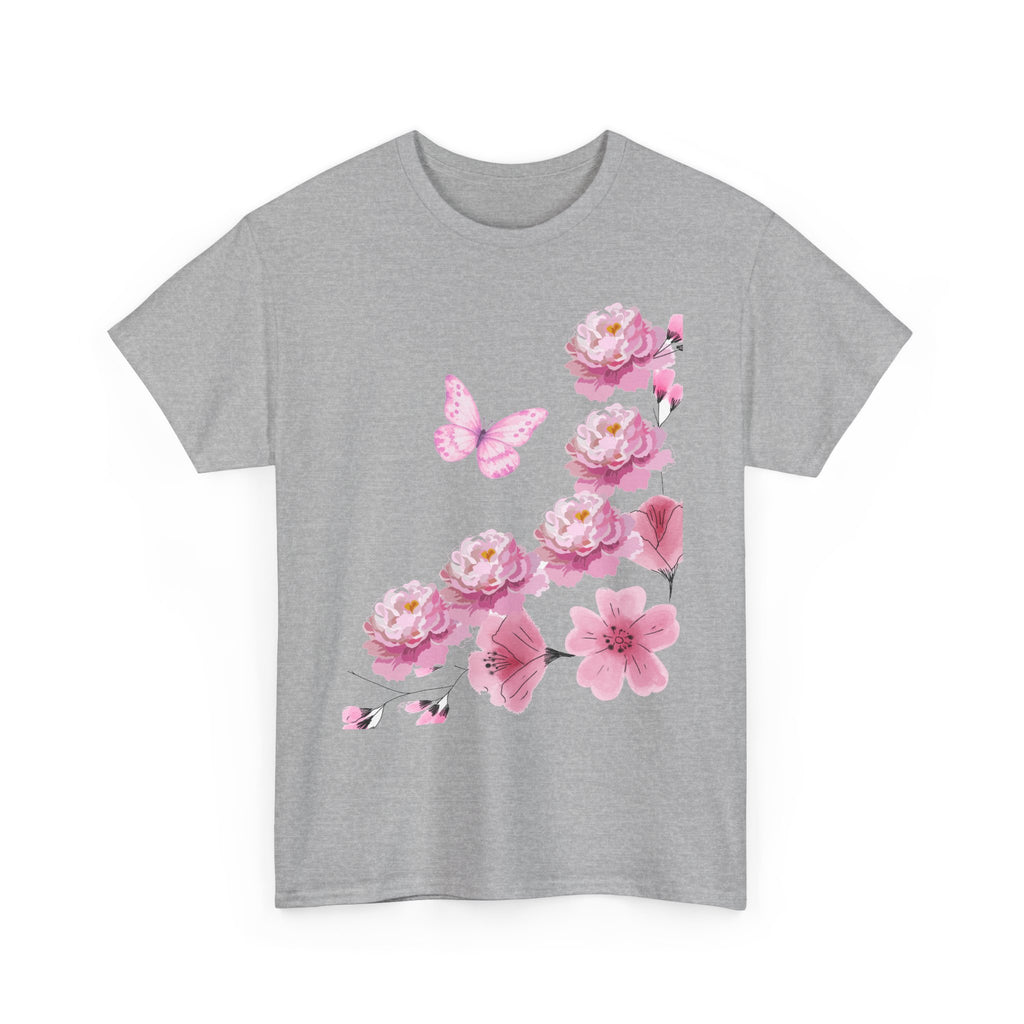 Floral Pink Cherry Blossom Tee — Butterfly Spring Garden T‑Shirt
