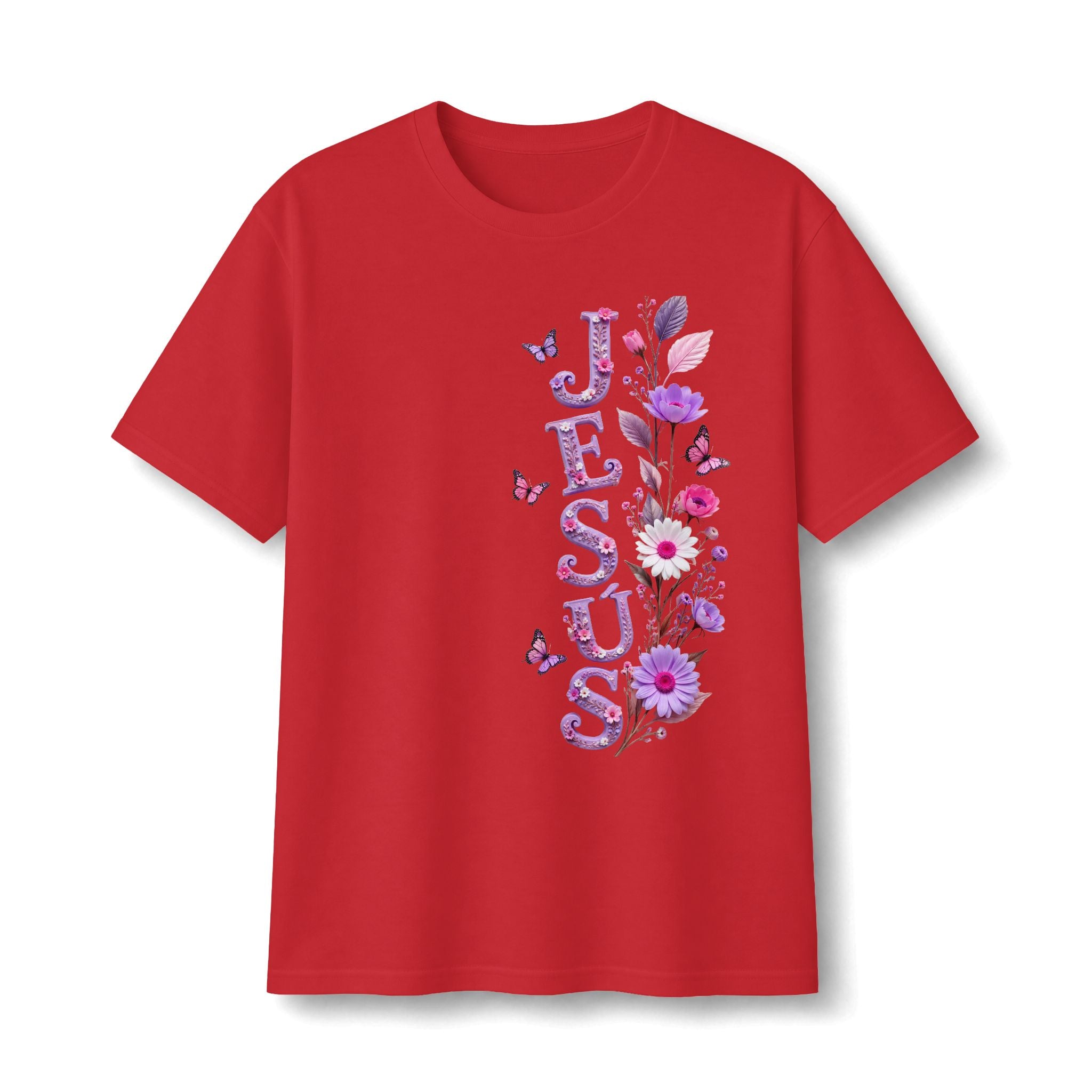 Floral Vertical Tee — Christian Faith Shirt with Purple Flowers & Butterflies