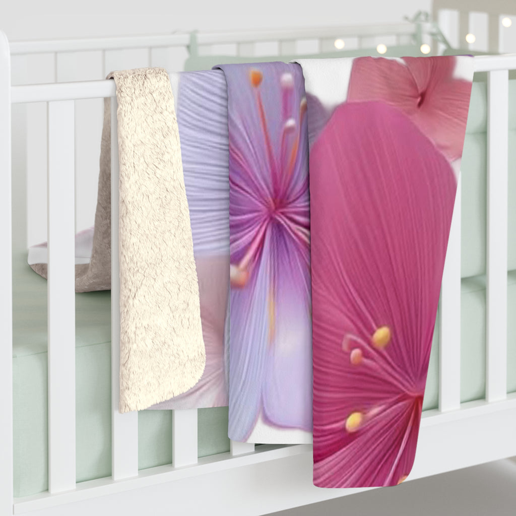 Floral Sherpa Blanket — Soft Purple & Pink Blossom Throw