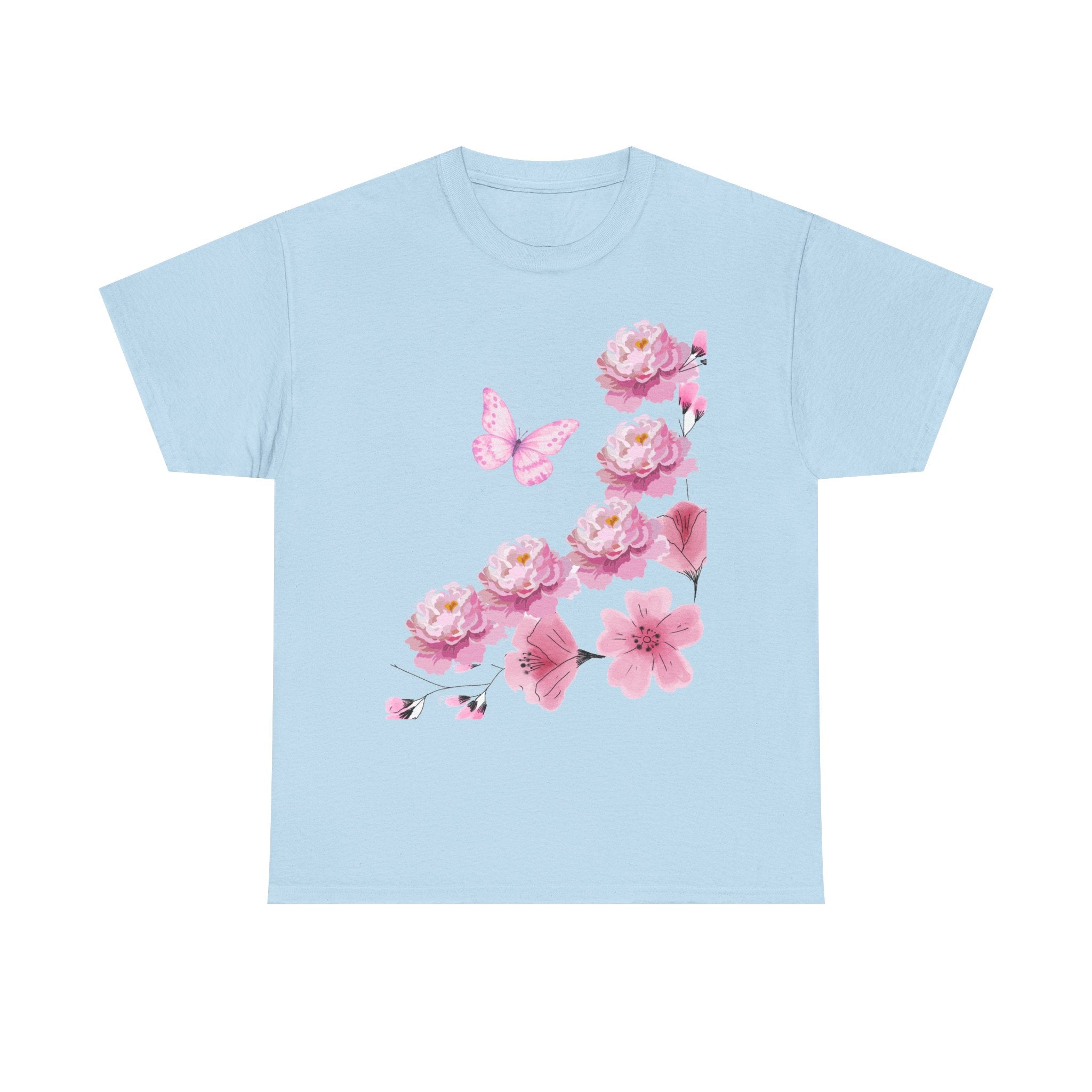 Floral Pink Cherry Blossom Tee — Butterfly Spring Garden T‑Shirt