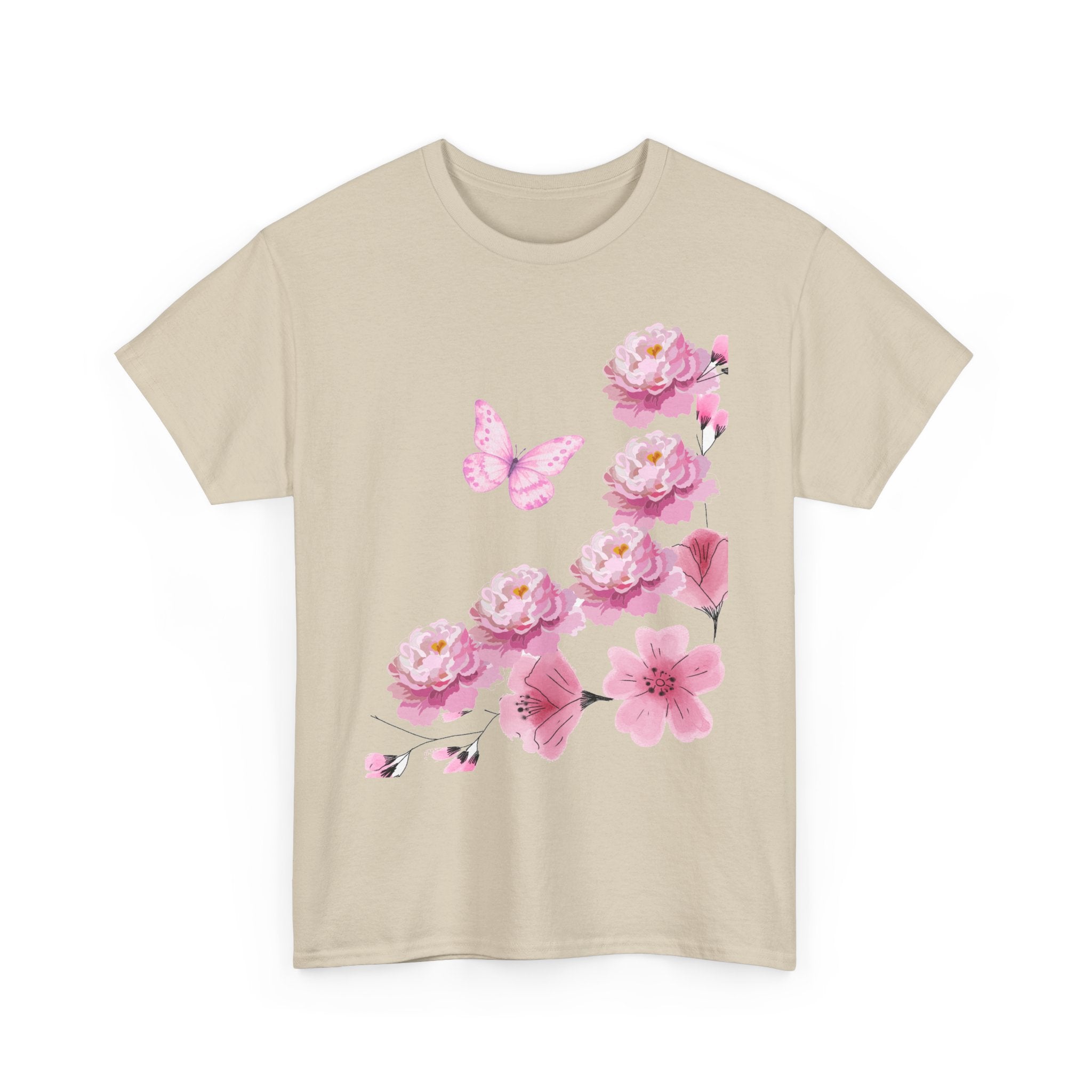 Floral Pink Cherry Blossom Tee — Butterfly Spring Garden T‑Shirt