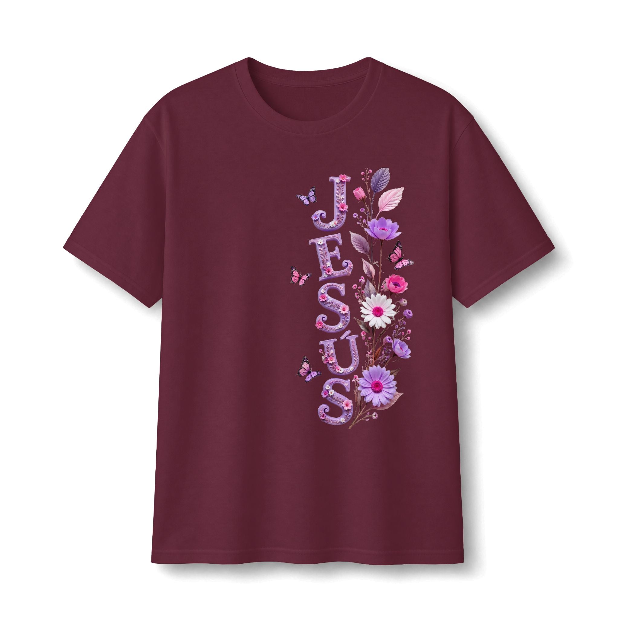 Floral Vertical Tee — Christian Faith Shirt with Purple Flowers & Butterflies