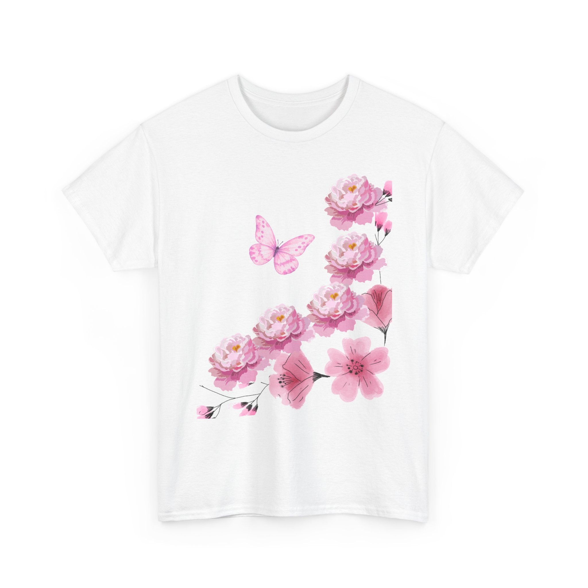 Floral Pink Cherry Blossom Tee — Butterfly Spring Garden T‑Shirt