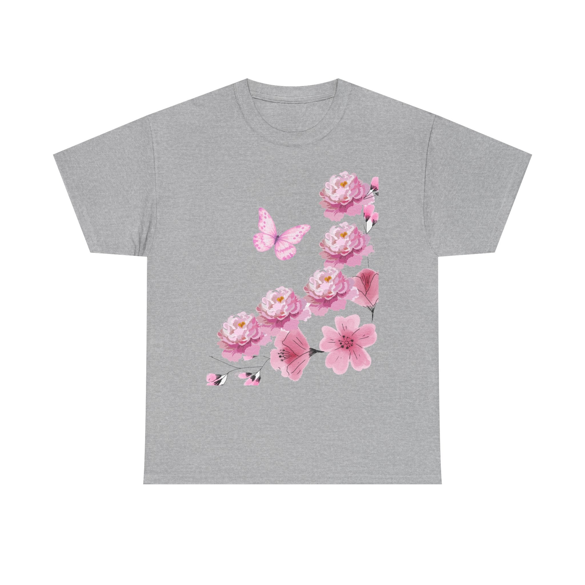 Floral Pink Cherry Blossom Tee — Butterfly Spring Garden T‑Shirt