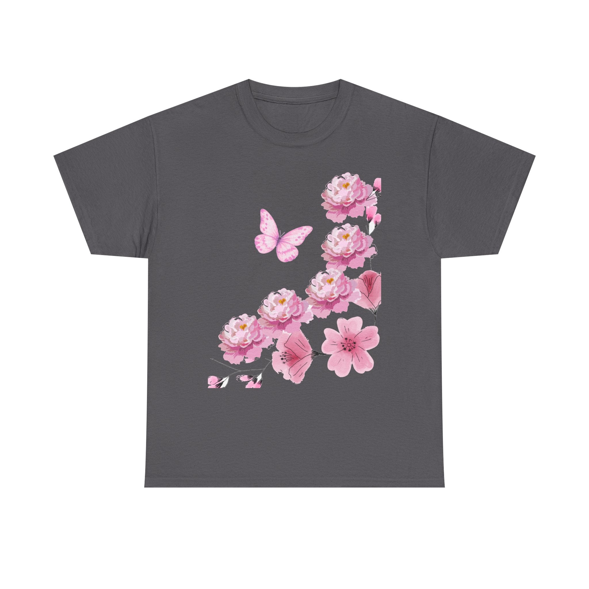 Floral Pink Cherry Blossom Tee — Butterfly Spring Garden T‑Shirt