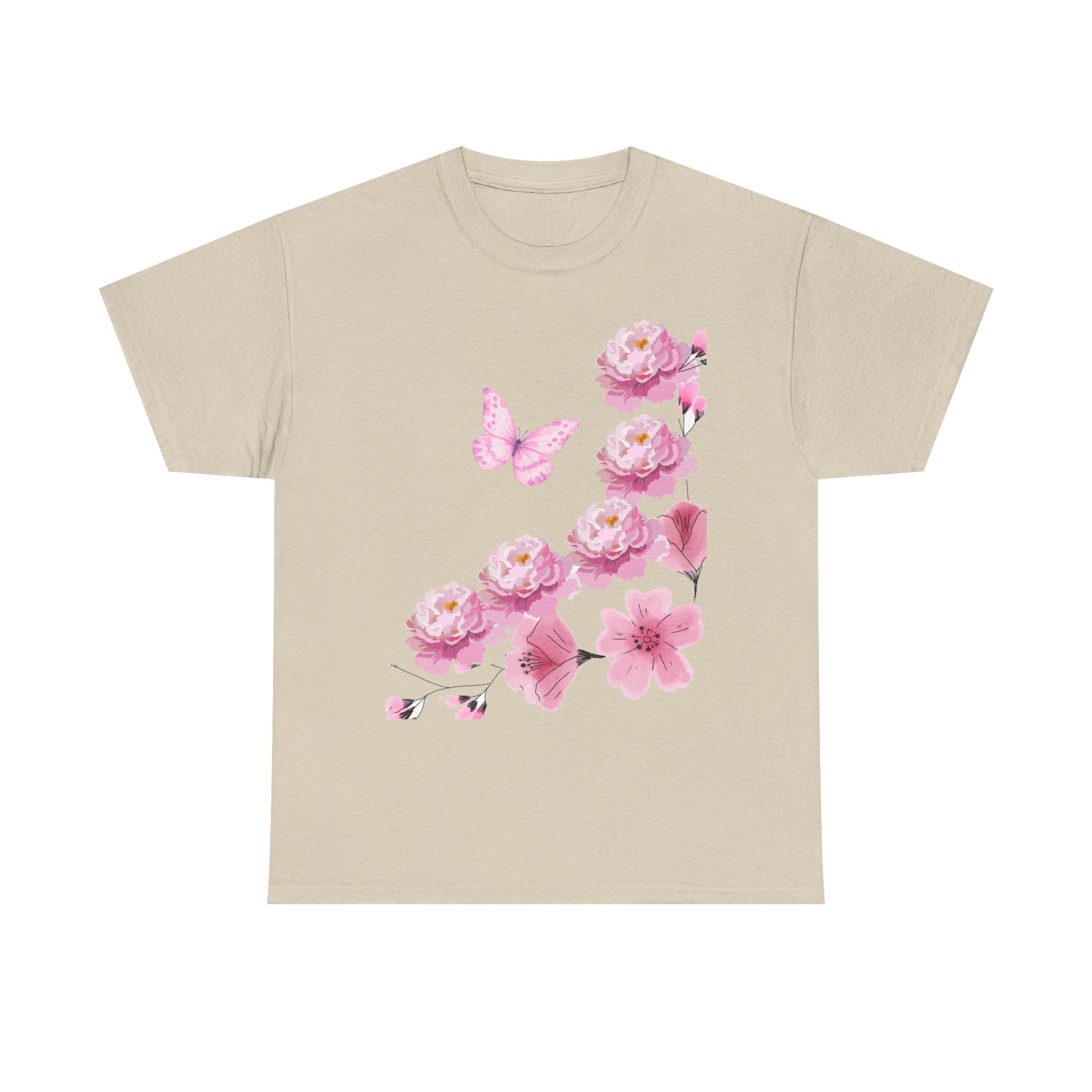 Floral Pink Cherry Blossom Tee — Butterfly Spring Garden T‑Shirt