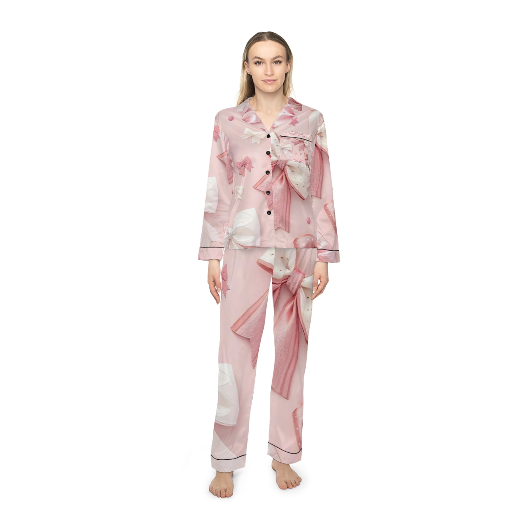 Pink Satin Pajama Set — Gift Bow Print Women’s Sleepwear