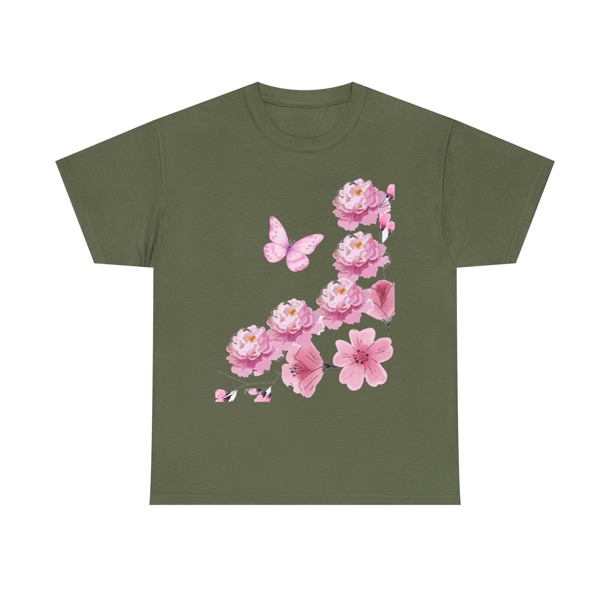 Floral Pink Cherry Blossom Tee — Butterfly Spring Garden T‑Shirt