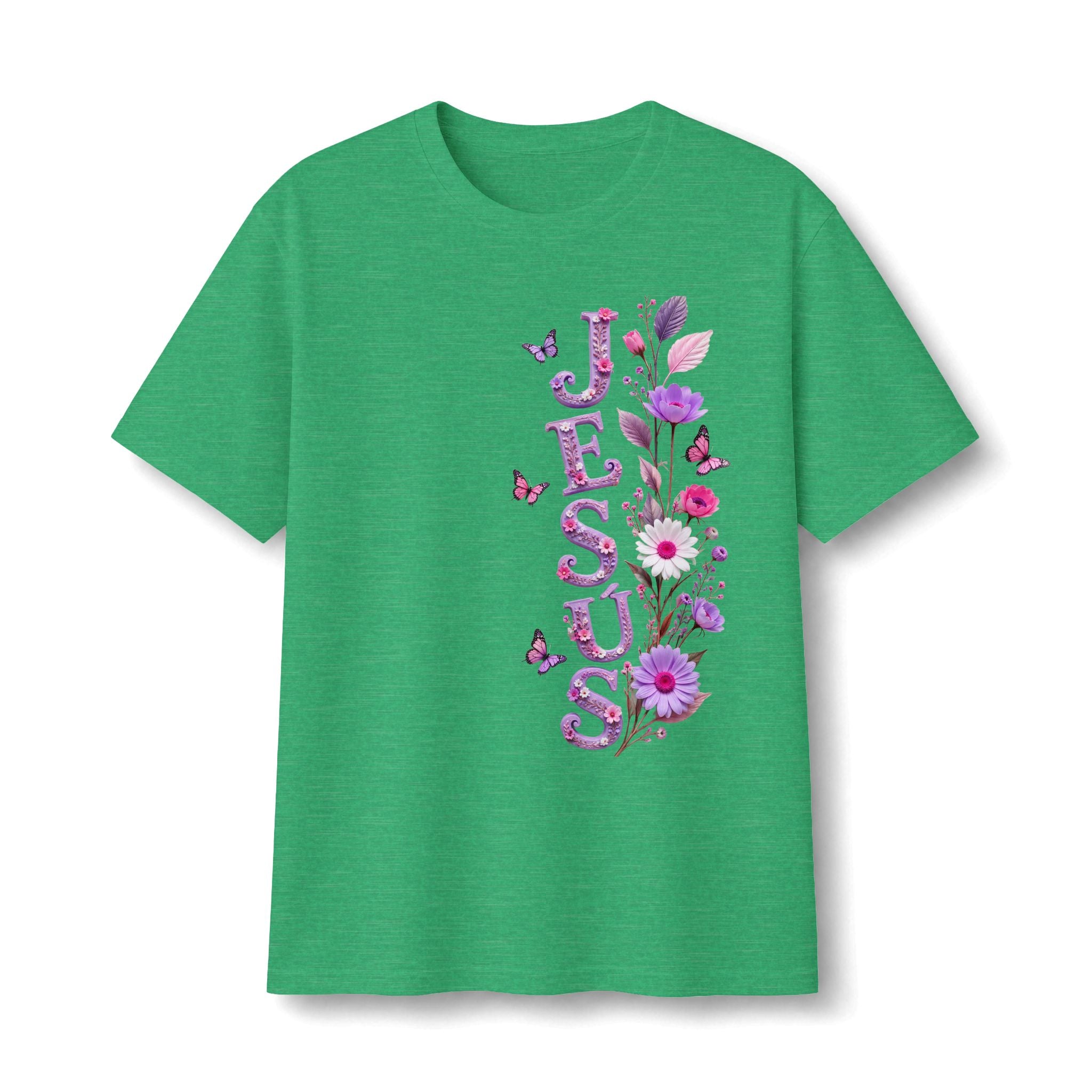 Floral Vertical Tee — Christian Faith Shirt with Purple Flowers & Butterflies