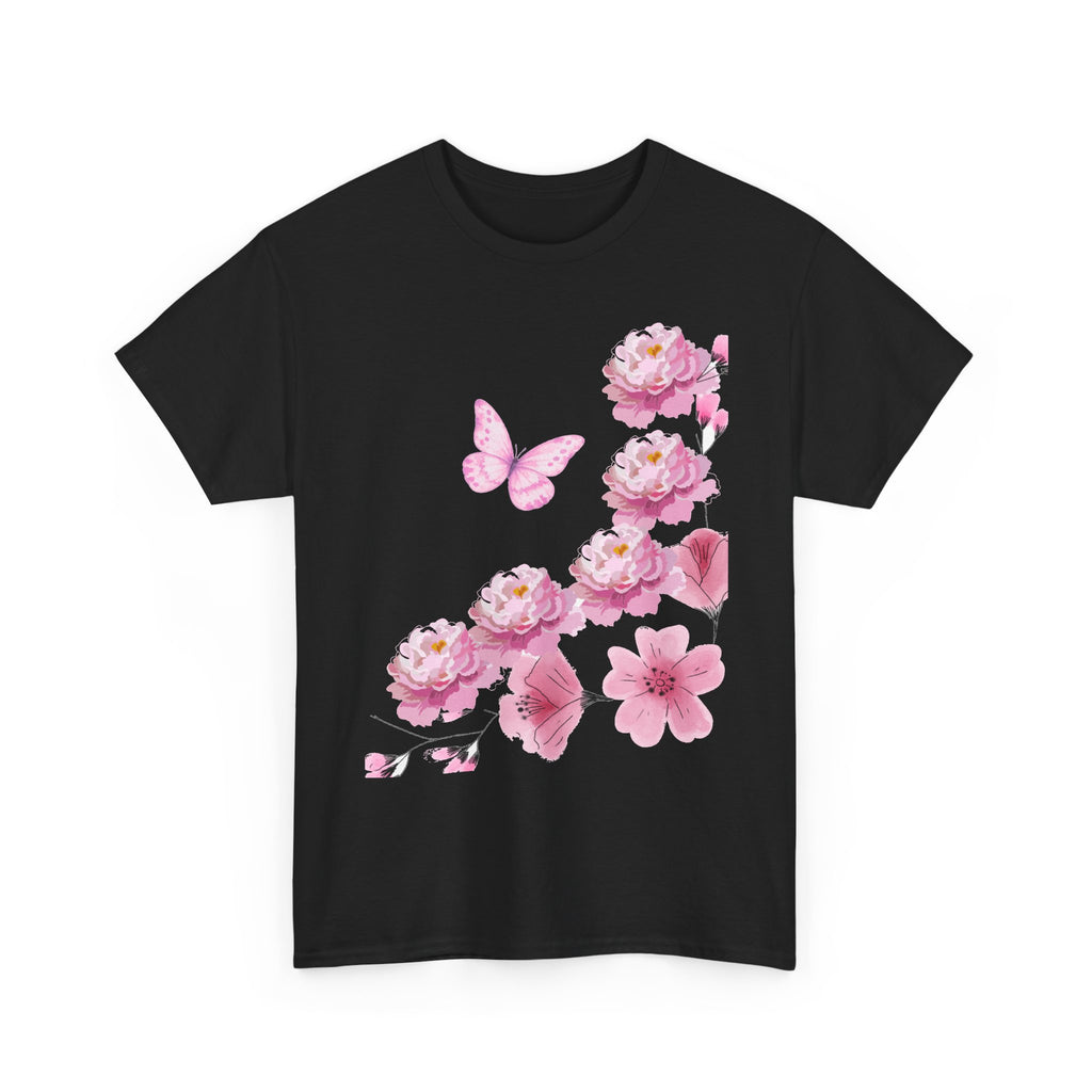 Floral Pink Cherry Blossom Tee — Butterfly Spring Garden T‑Shirt