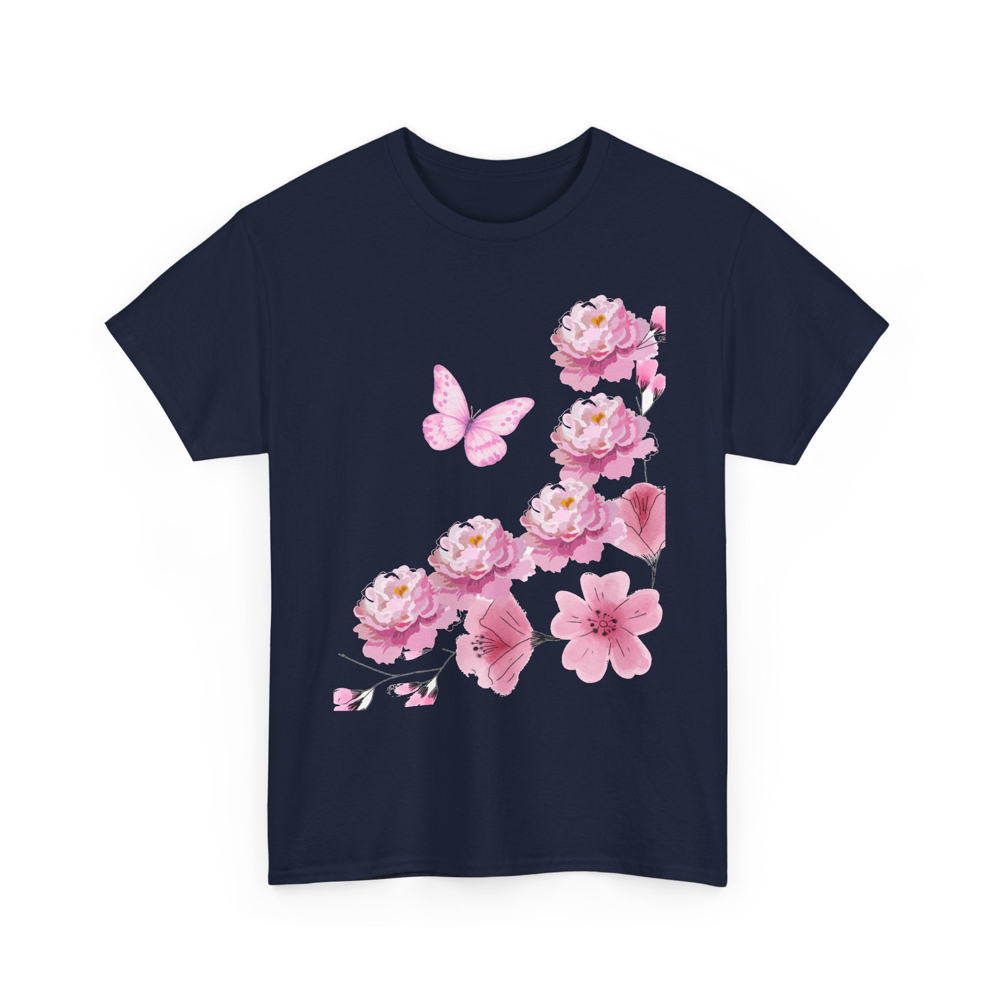 Floral Pink Cherry Blossom Tee — Butterfly Spring Garden T‑Shirt