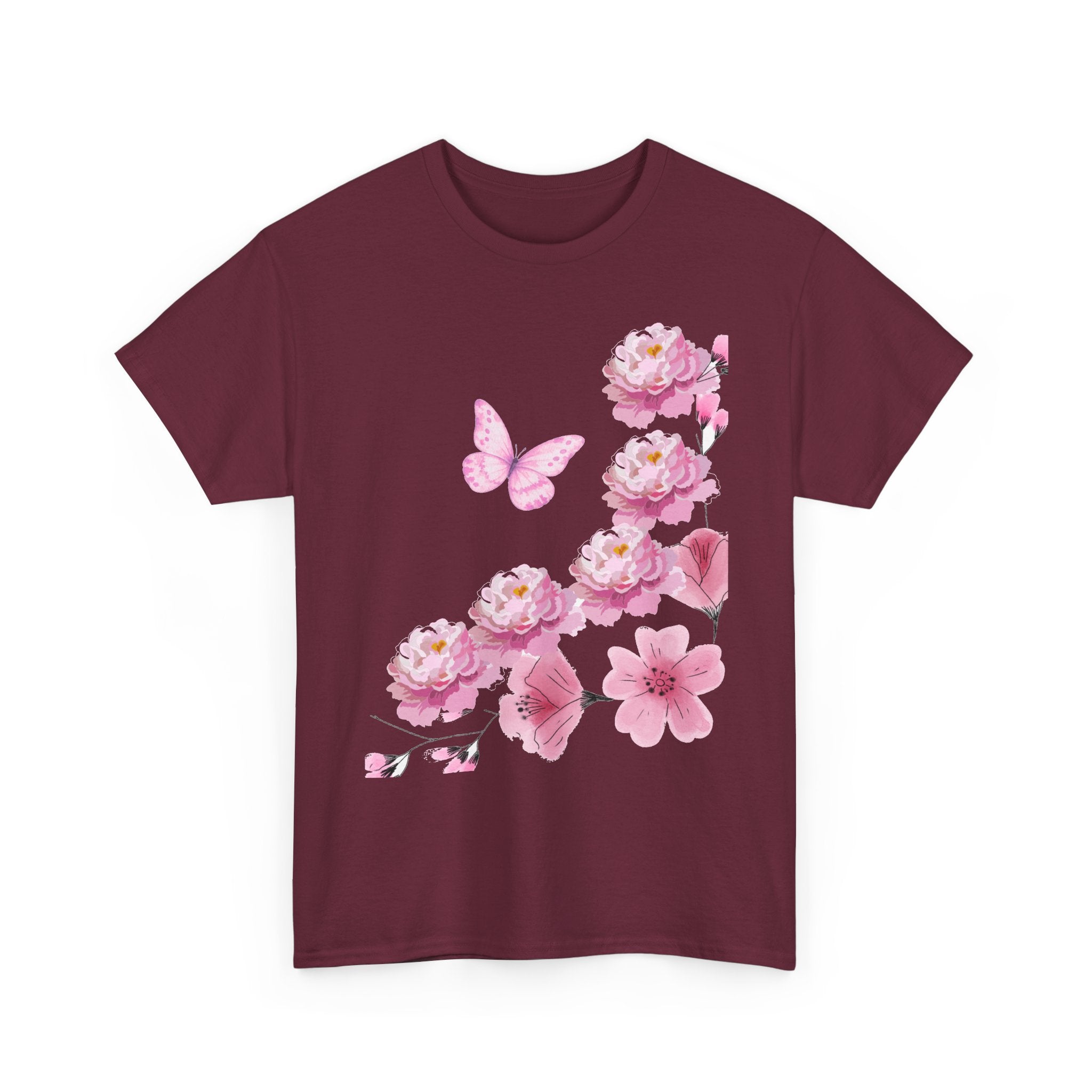 Floral Pink Cherry Blossom Tee — Butterfly Spring Garden T‑Shirt