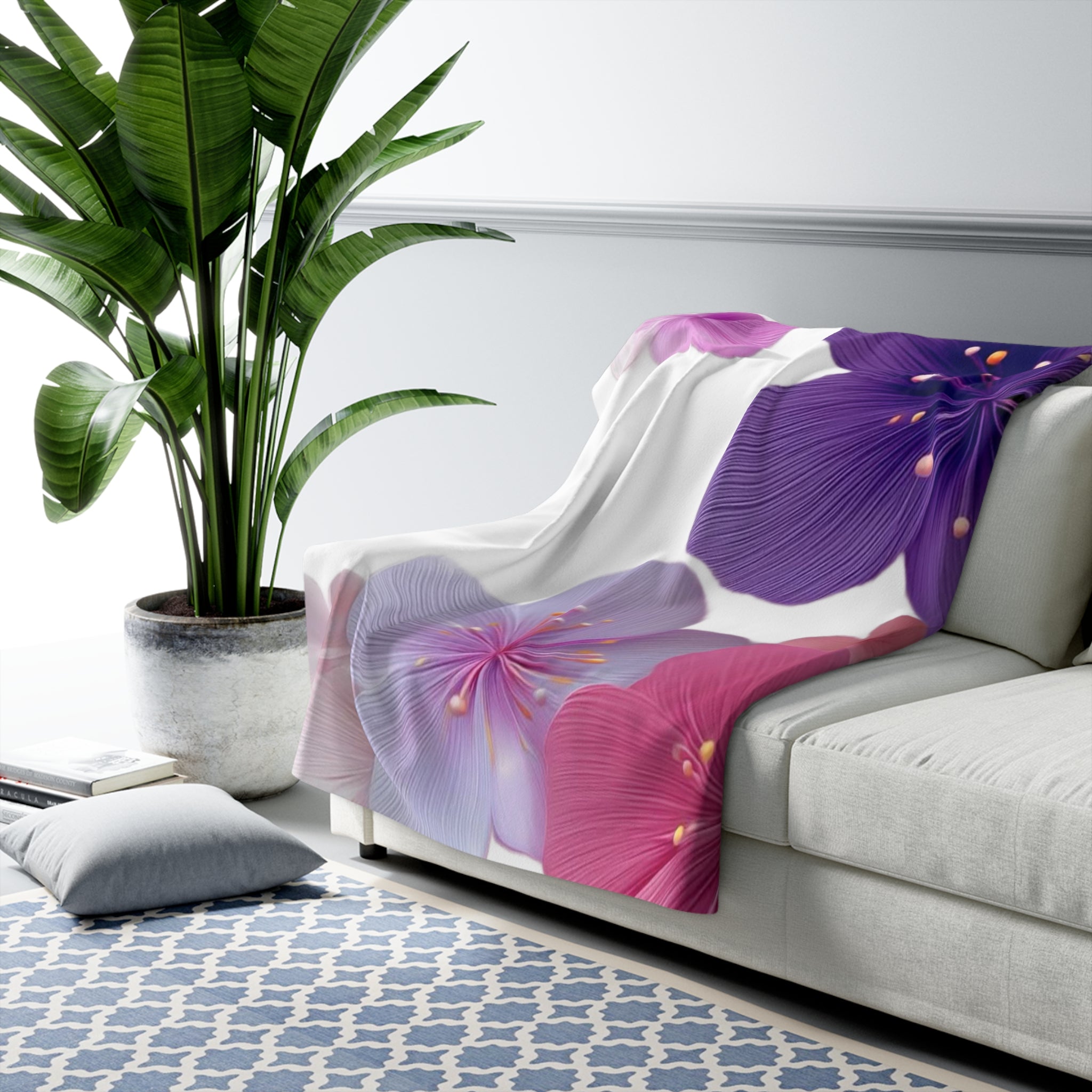 Floral Sherpa Blanket — Soft Purple & Pink Blossom Throw