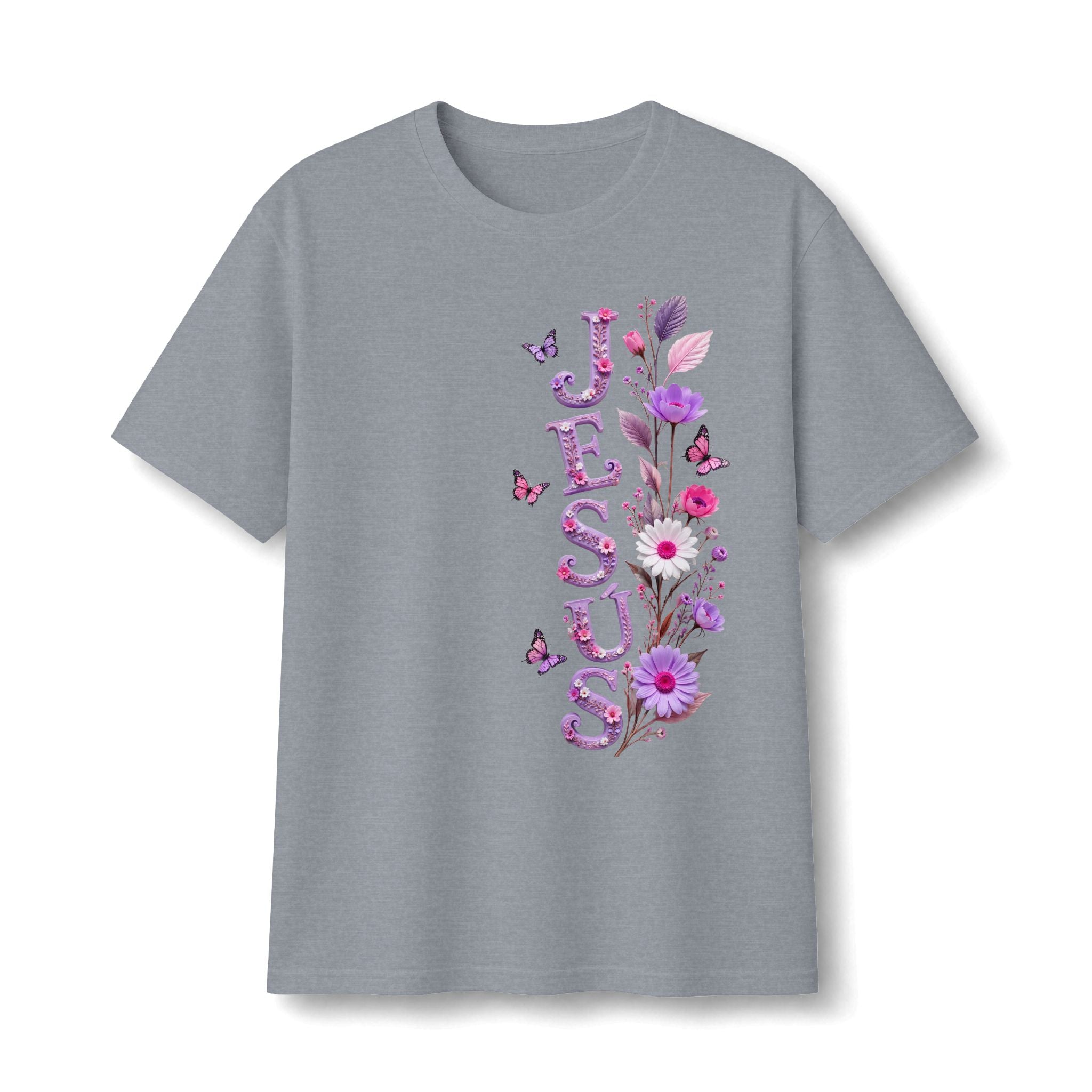 Floral Vertical Tee — Christian Faith Shirt with Purple Flowers & Butterflies