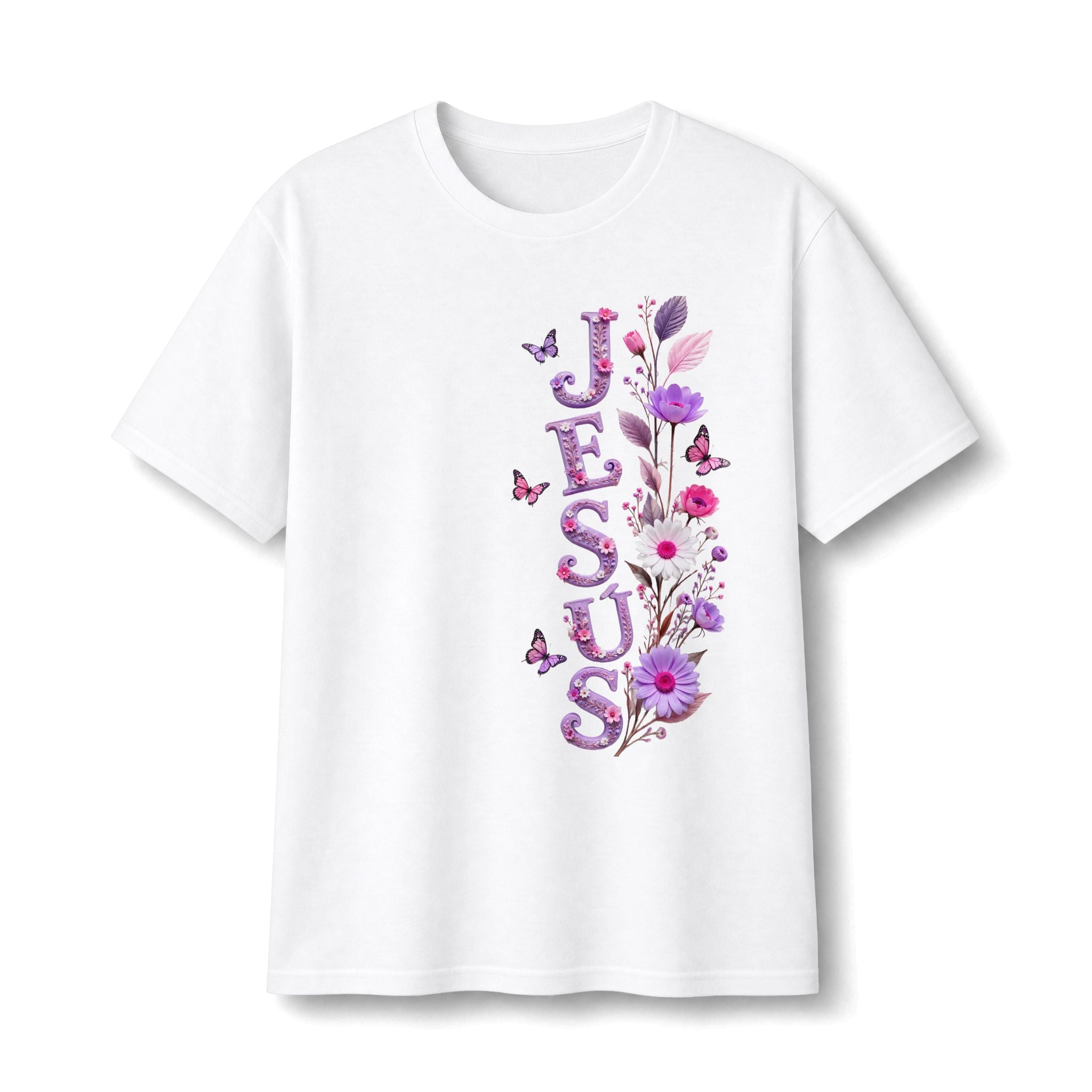 Floral Vertical Tee — Christian Faith Shirt with Purple Flowers & Butterflies