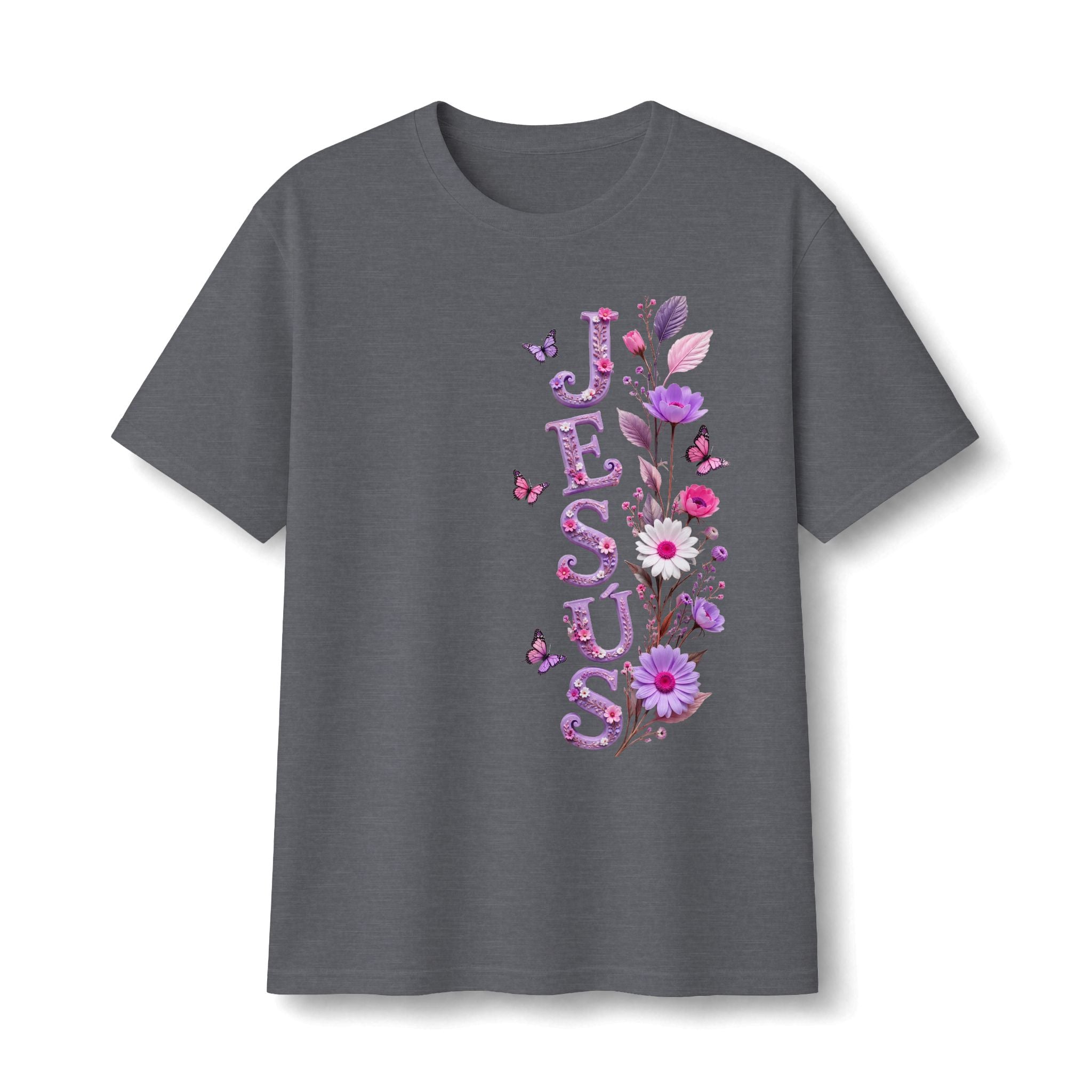 Floral Vertical Tee — Christian Faith Shirt with Purple Flowers & Butterflies