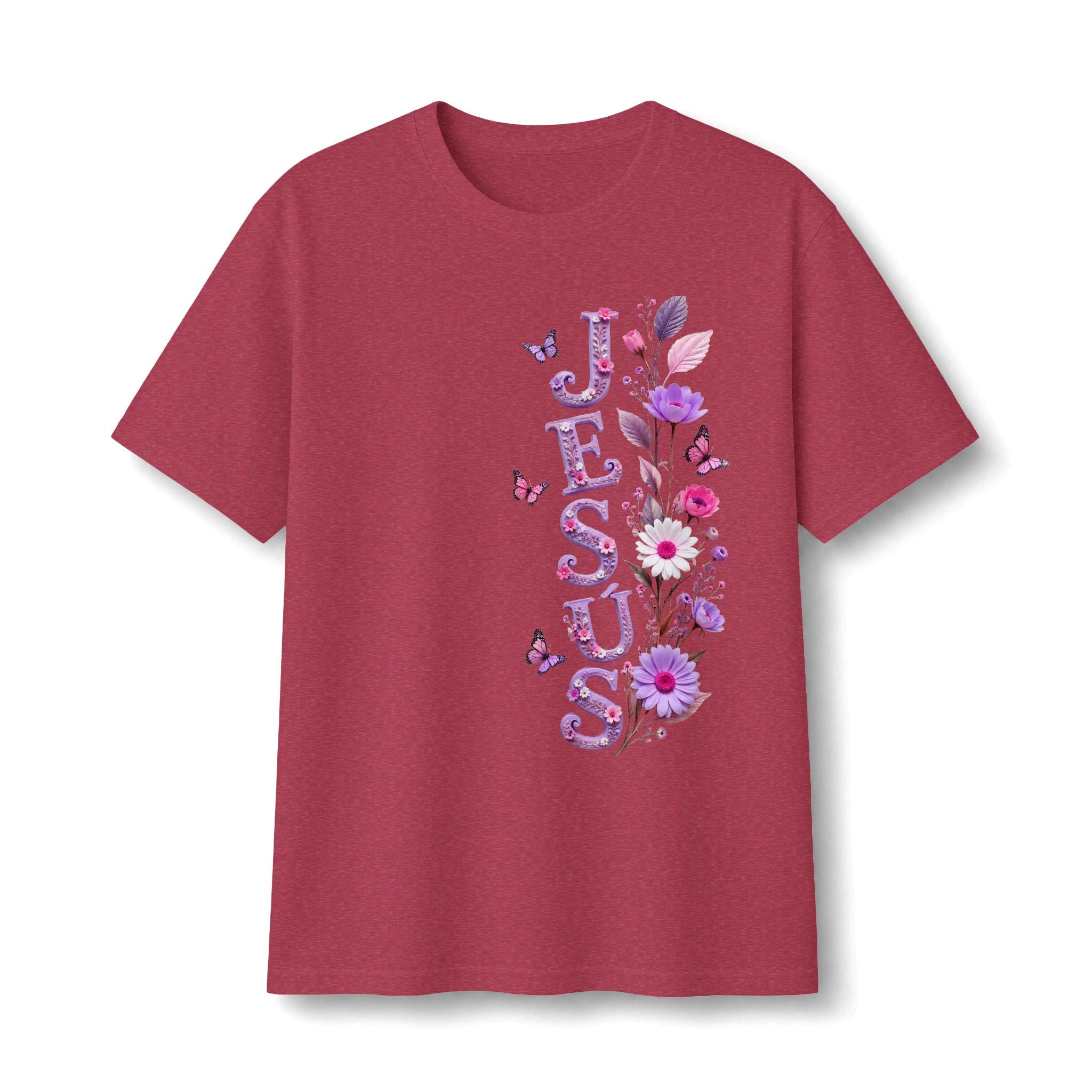 Floral Vertical Tee — Christian Faith Shirt with Purple Flowers & Butterflies