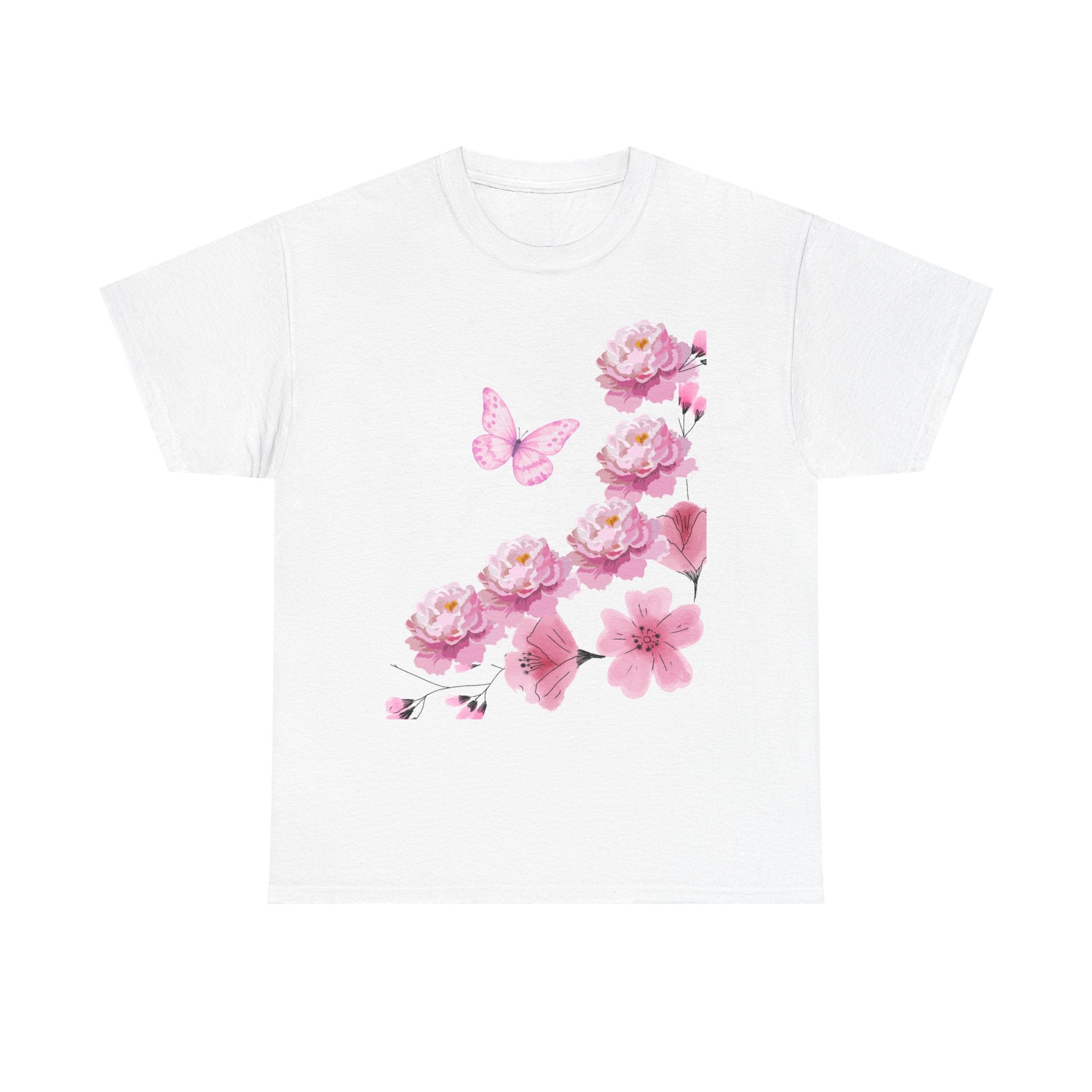 Floral Pink Cherry Blossom Tee — Butterfly Spring Garden T‑Shirt