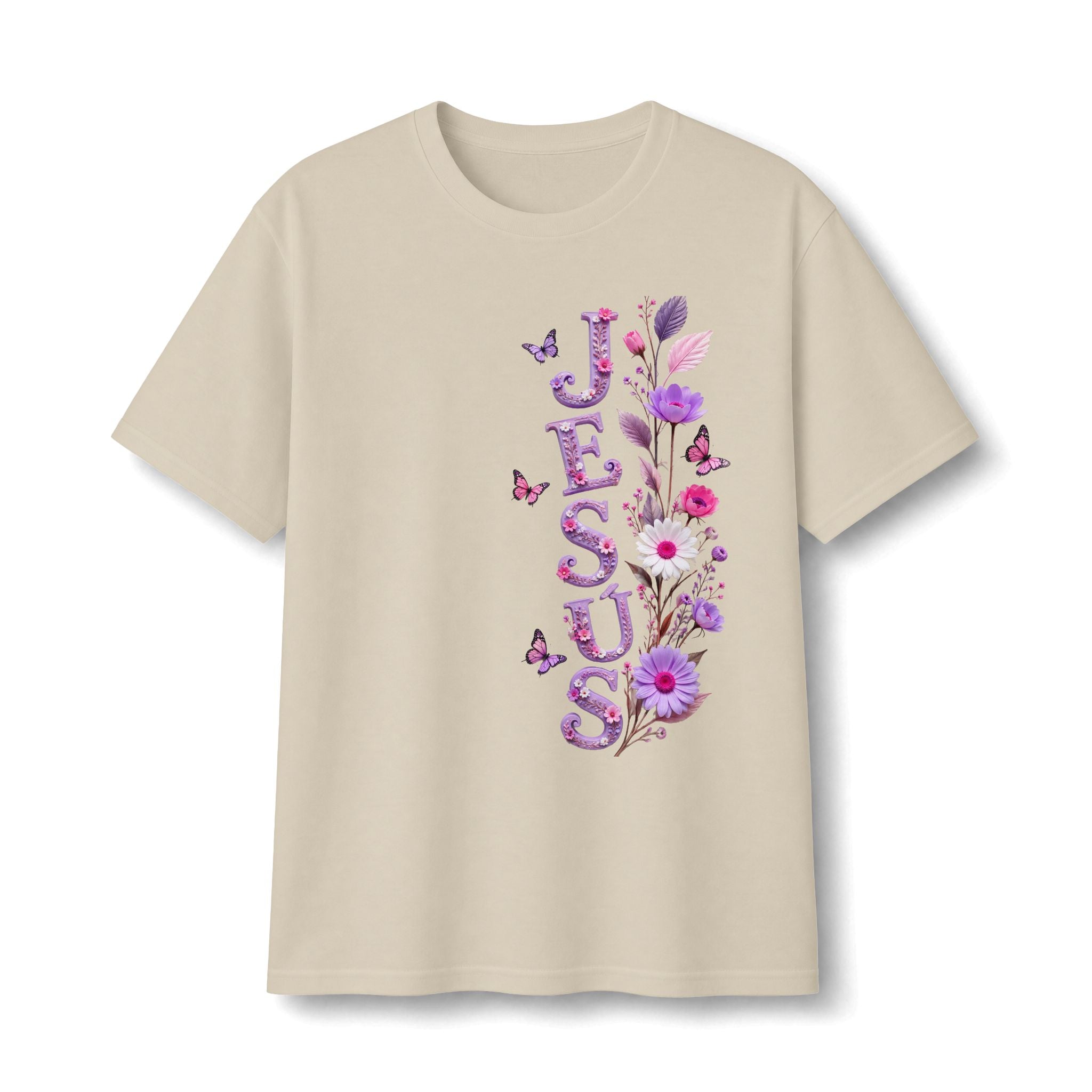 Floral Vertical Tee — Christian Faith Shirt with Purple Flowers & Butterflies