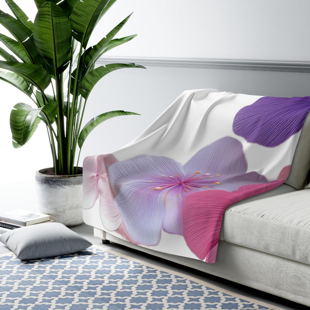 Floral Sherpa Blanket — Soft Purple & Pink Blossom Throw