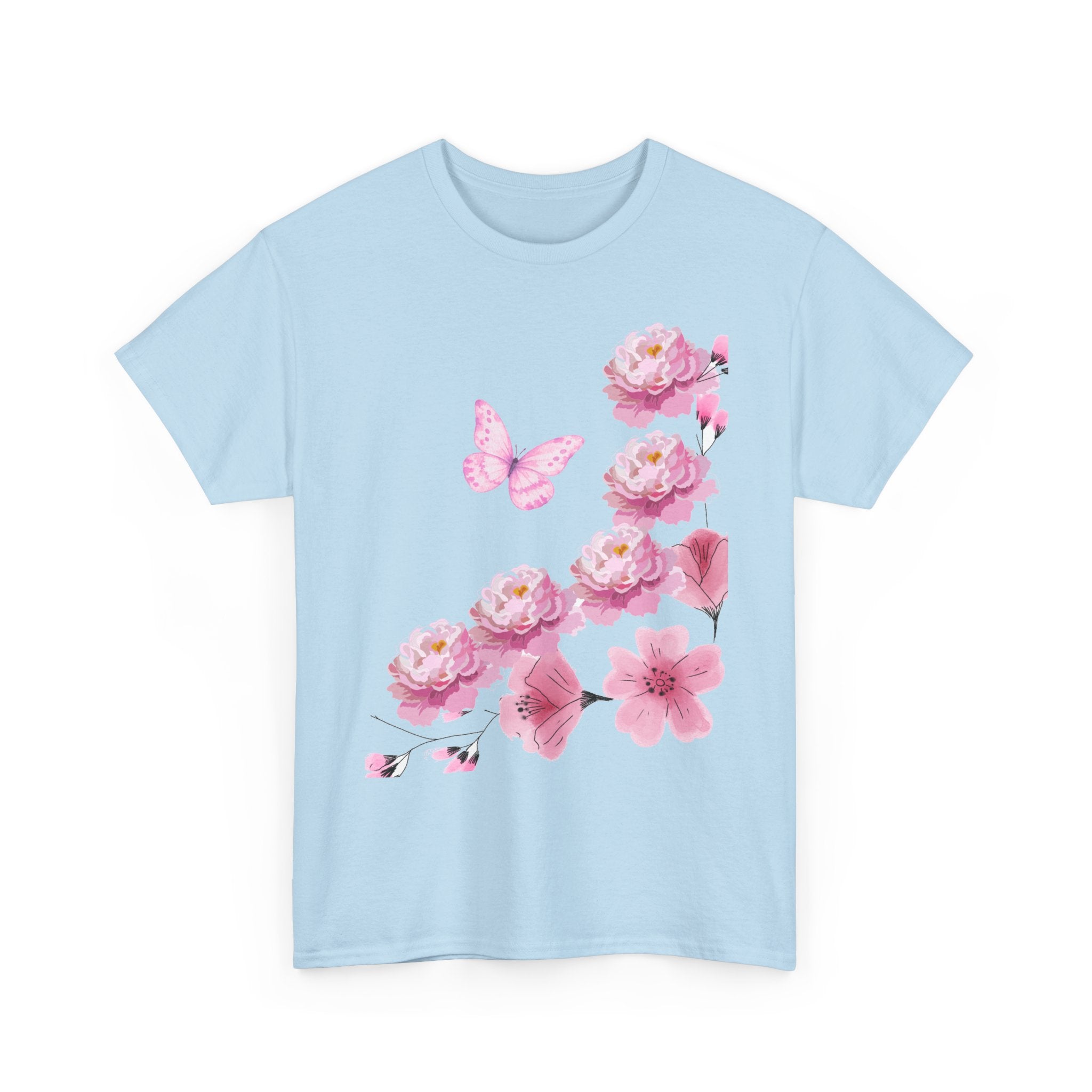 Floral Pink Cherry Blossom Tee — Butterfly Spring Garden T‑Shirt