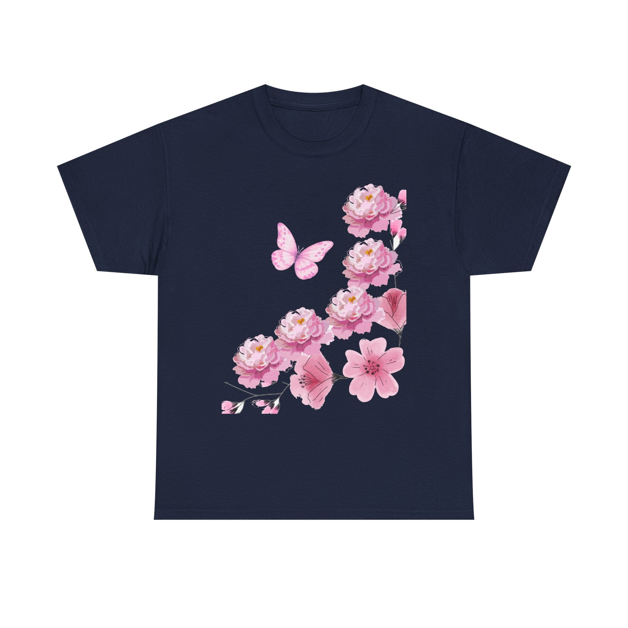 Floral Pink Cherry Blossom Tee — Butterfly Spring Garden T‑Shirt