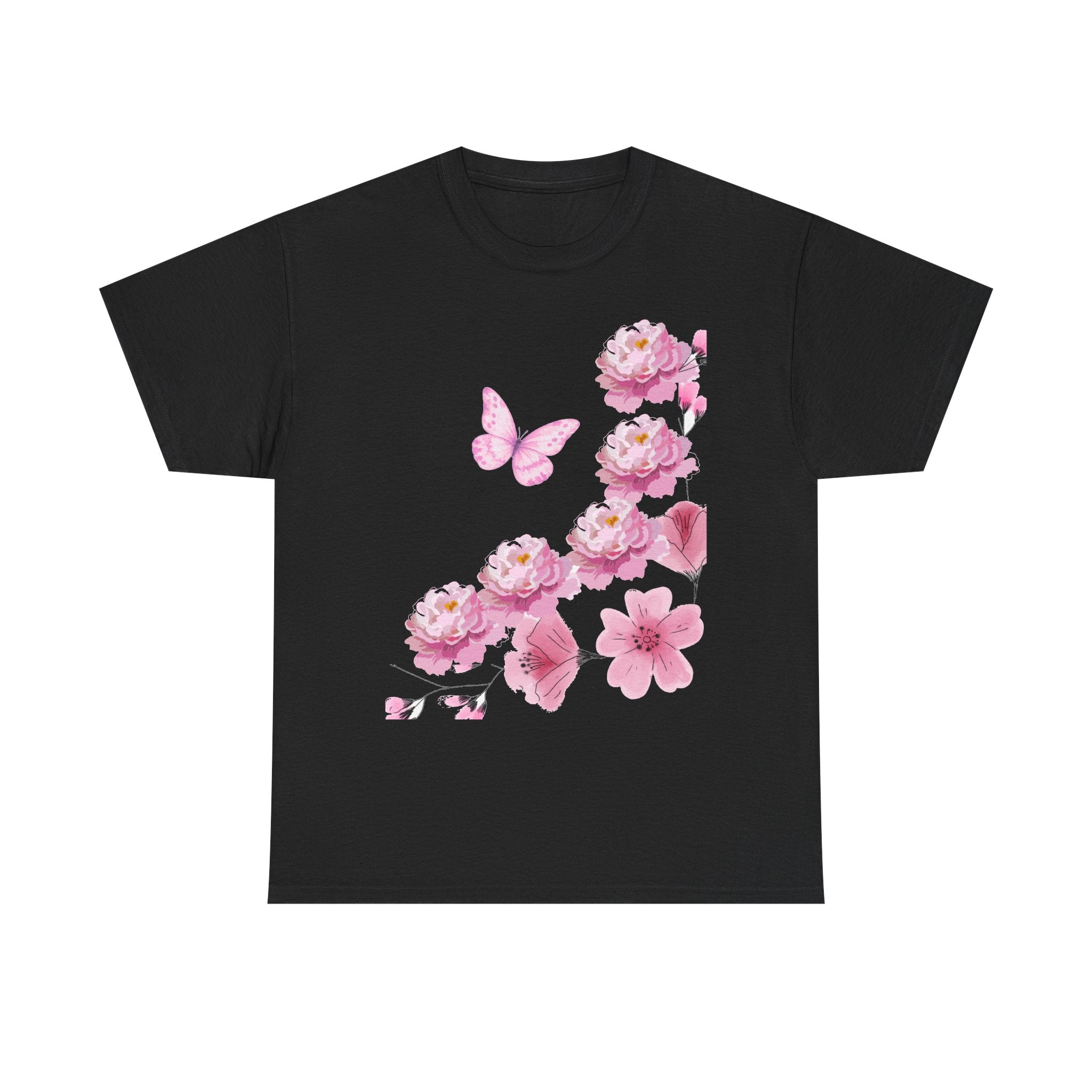 Floral Pink Cherry Blossom Tee — Butterfly Spring Garden T‑Shirt