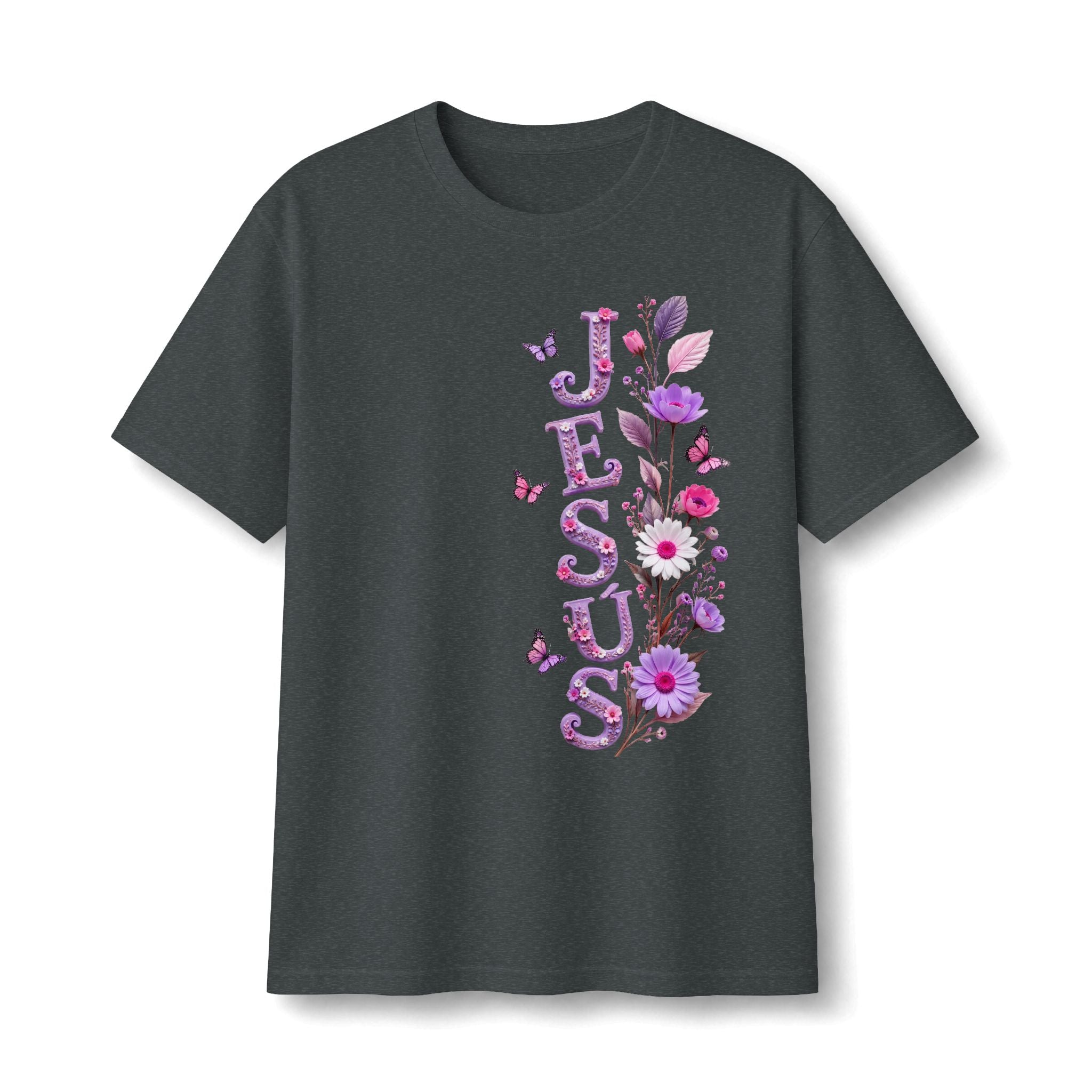 Floral Vertical Tee — Christian Faith Shirt with Purple Flowers & Butterflies