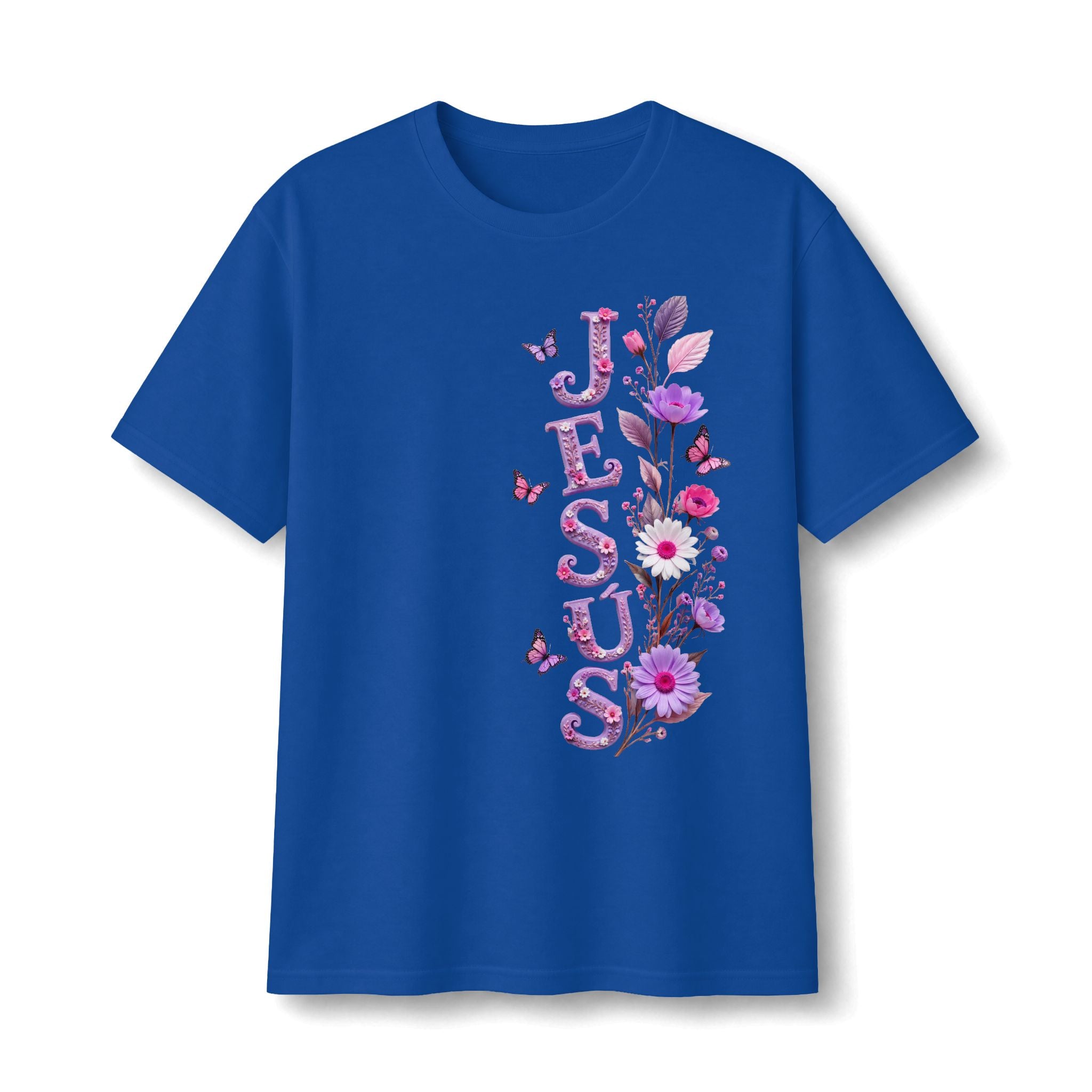 Floral Vertical Tee — Christian Faith Shirt with Purple Flowers & Butterflies
