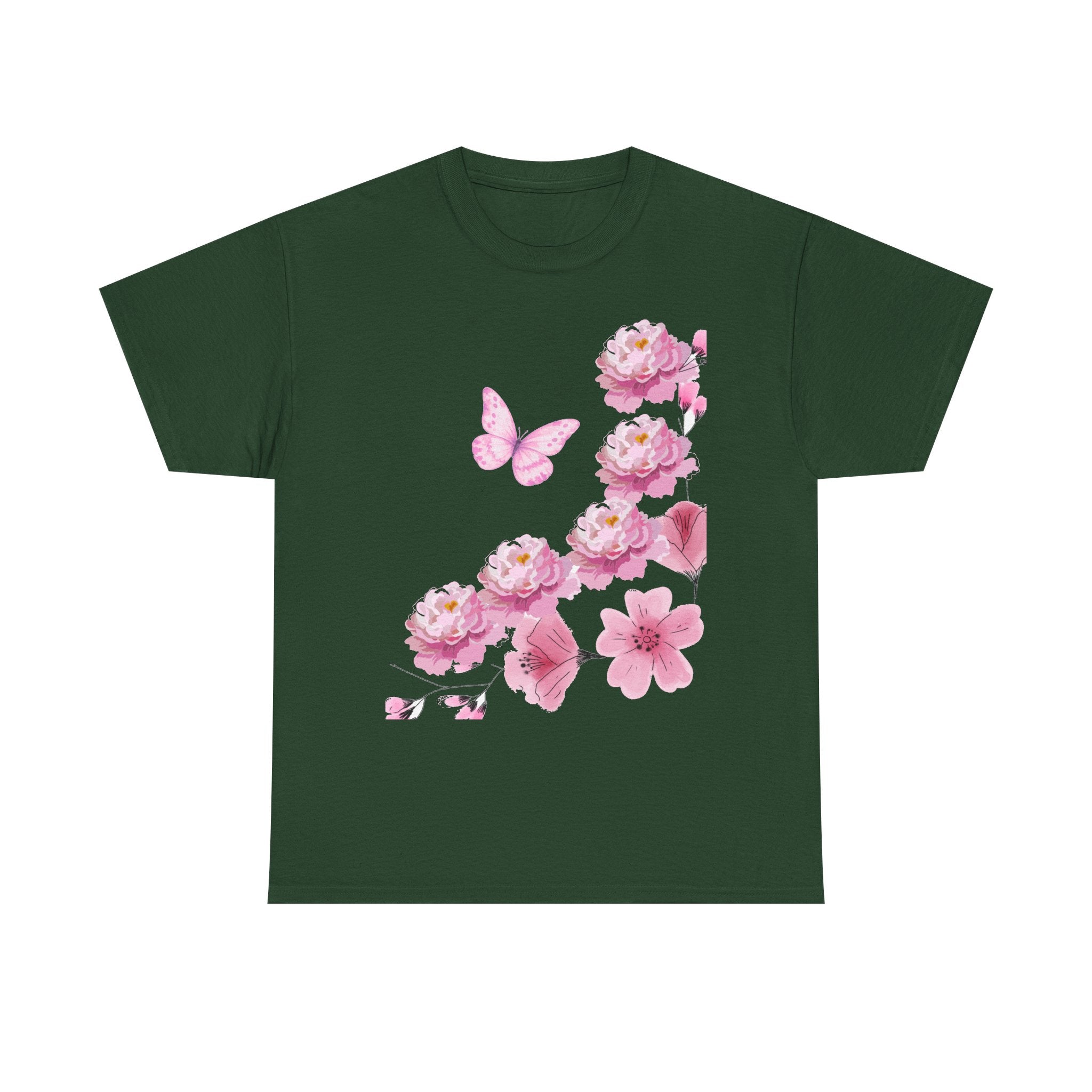 Floral Pink Cherry Blossom Tee — Butterfly Spring Garden T‑Shirt