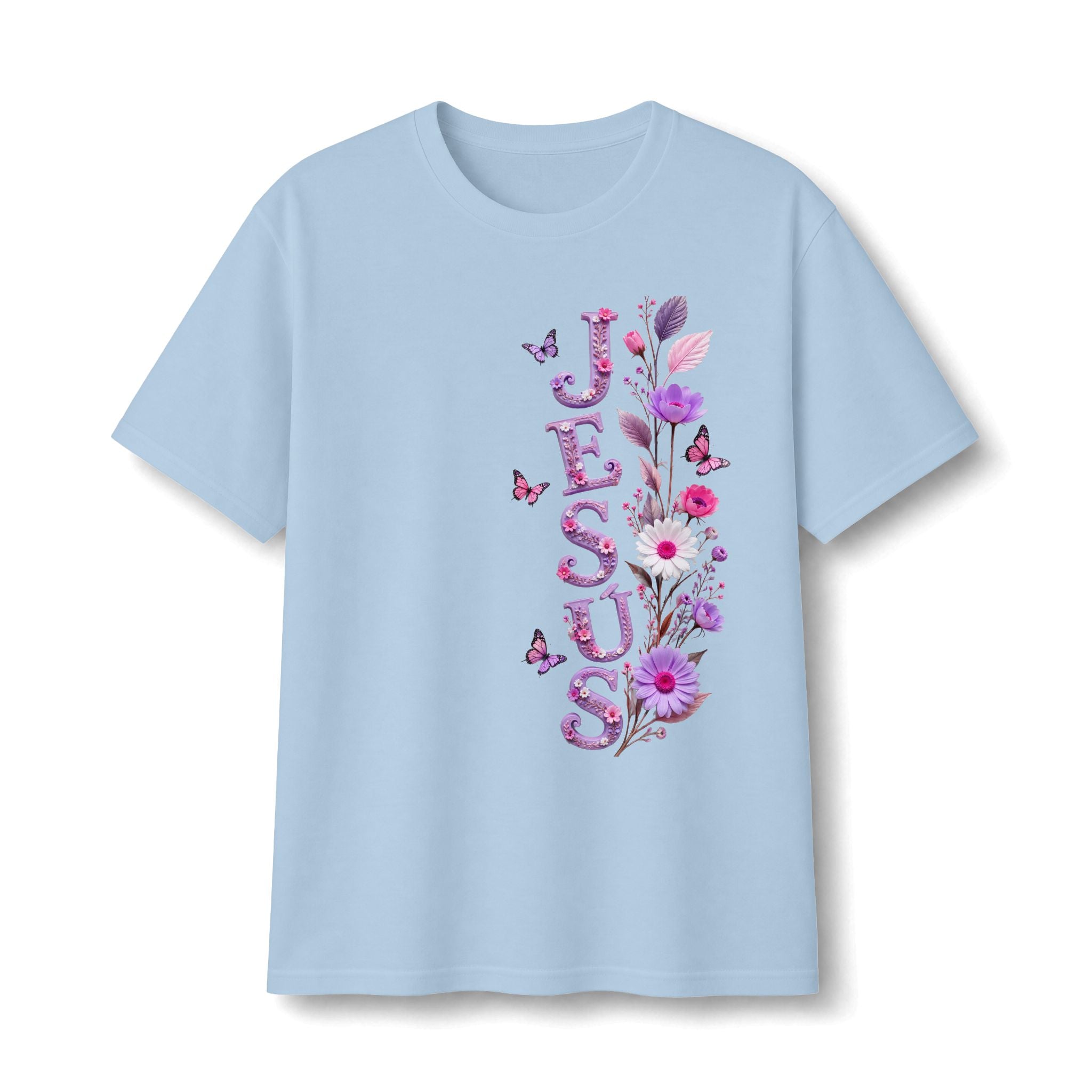 Floral Vertical Tee — Christian Faith Shirt with Purple Flowers & Butterflies